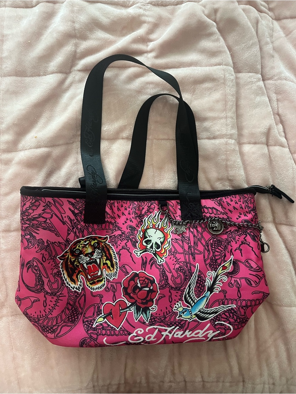 Ed Hardy Hot Pink Tattoo-Graphic Tote with Black Straps